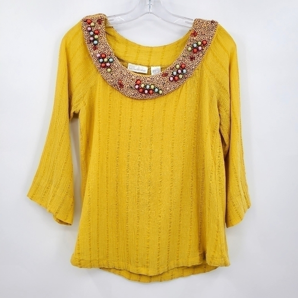 Soft Surroundings 3/4 Sleeve Yellow Beaded Neckline Top - Picture 1 of 7